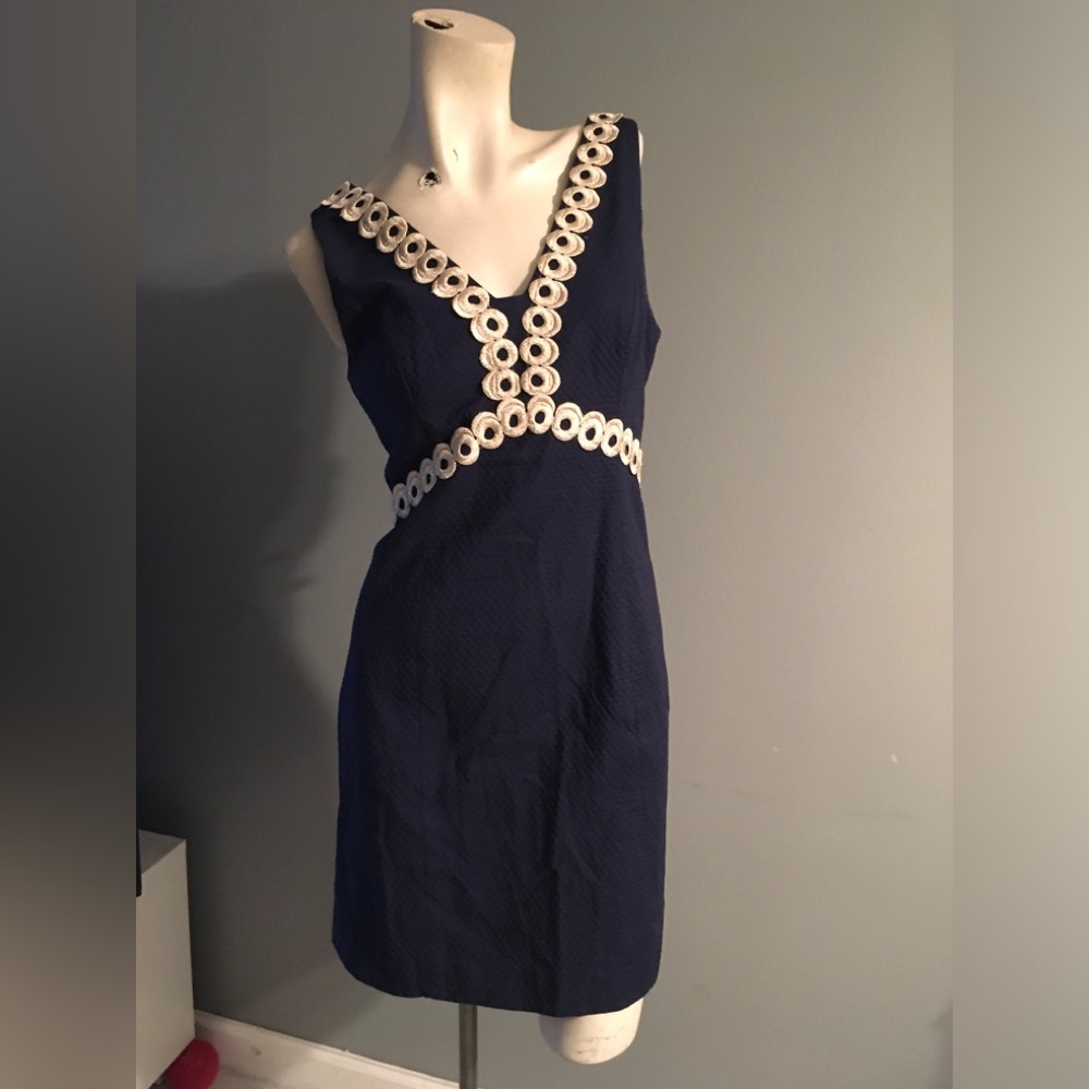 Lilly Pulitzer Dark Navy Blue Dress with Gold Embroidered Trim